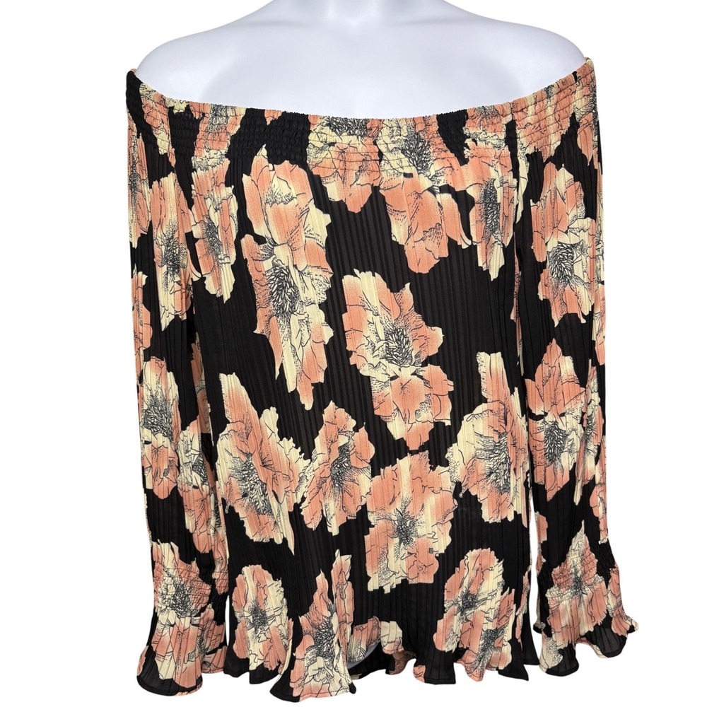 DRESS-U-II Black Floral Off Shoulder Plisse Smocked Peasant Blouse 2X Boho Flowy